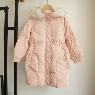 特~免洗羽绒服!女童白毛领中长款收腰带帽免洗羽绒服 版型好