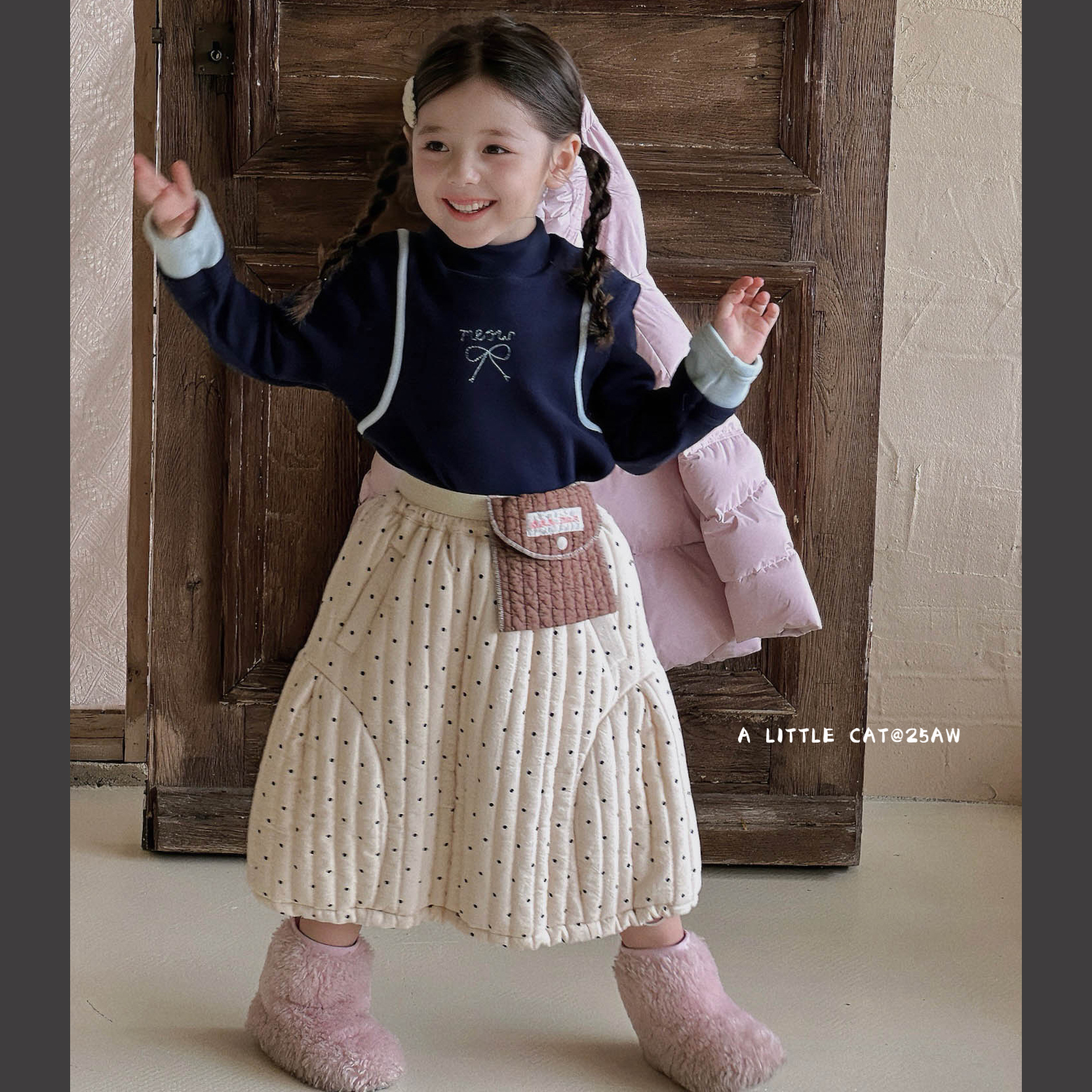 小猫家正品！很厚超好看~女童假两件加绒加厚半高领打底衫绒衫