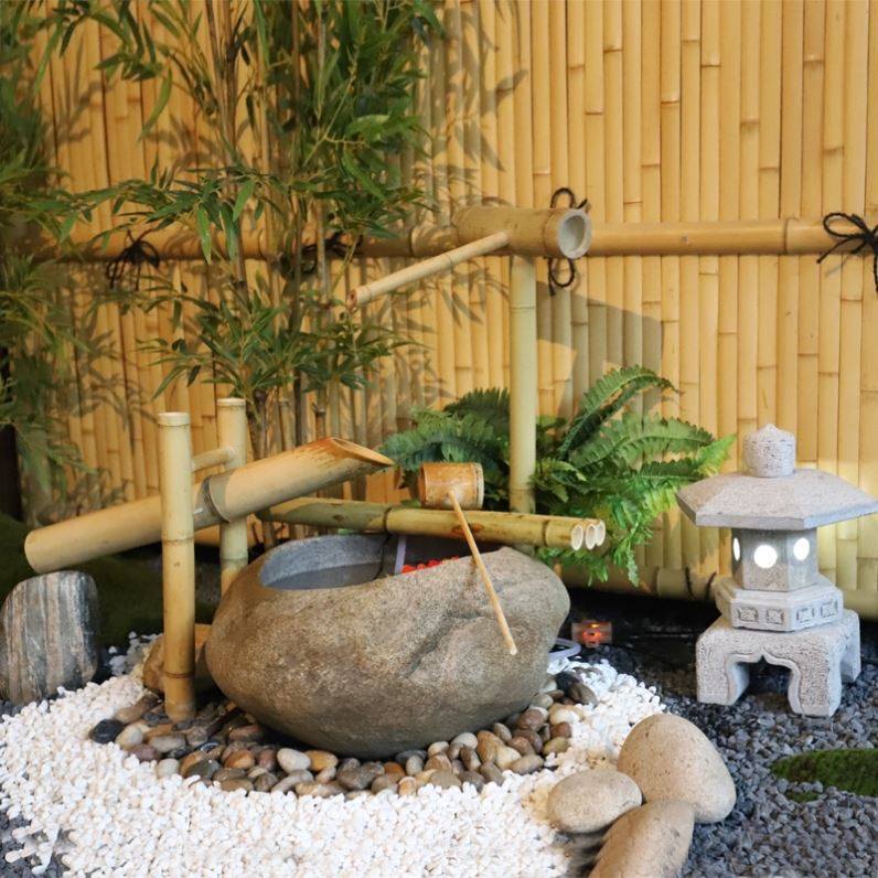 日式庭院石钵石盆水景枯山水鹅卵盆石花园造景惊鹿竹子禅意流水钵