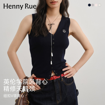 HENNY RUE亨尼露英伦风V领纽扣针织背心女修身无袖上衣轻露肤穿搭