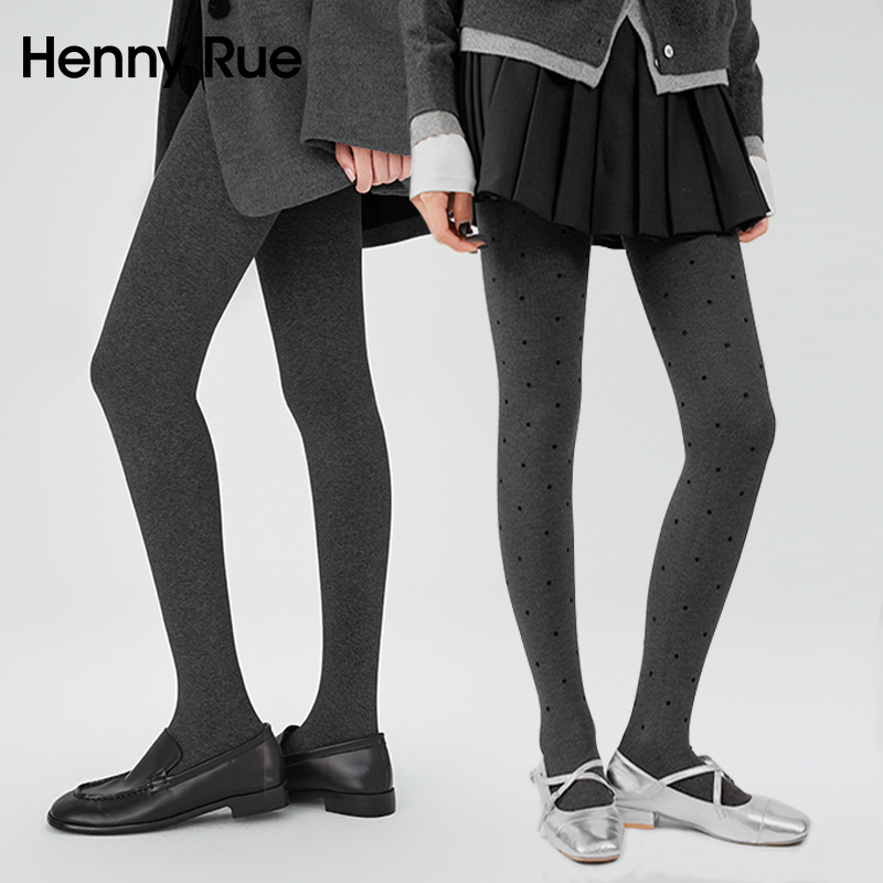 HENNY RUE亨尼露秋冬女士黑色基础款薄绒抽条微压显瘦打底连裤袜