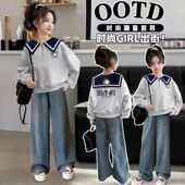上衣春秋洋气岁 儿童中大童女孩打底衫 女童秋装 海军领卫衣2025新款