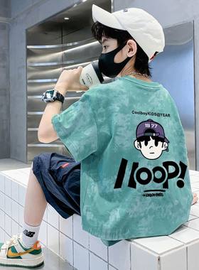 男童短袖夏季中大童2025新款儿童嘻哈扎染半袖夏装衣服男孩上衣潮