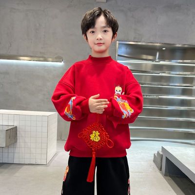 童装男童秋装卫衣2025新款秋冬季加绒加厚中大儿童男孩红色拜年服
