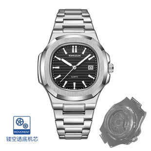 金诗顿品牌假机械手表男士时尚钢带日历夜光镂空透底石英表