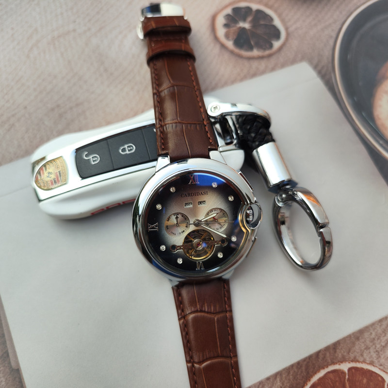 时尚新款万年历双面透明镂空设计全自动机械手表透明玻璃全自动表