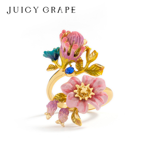 莫奈花园粉色花朵上开口戒指女轻奢高级感精致珐琅胖手食指戒礼物