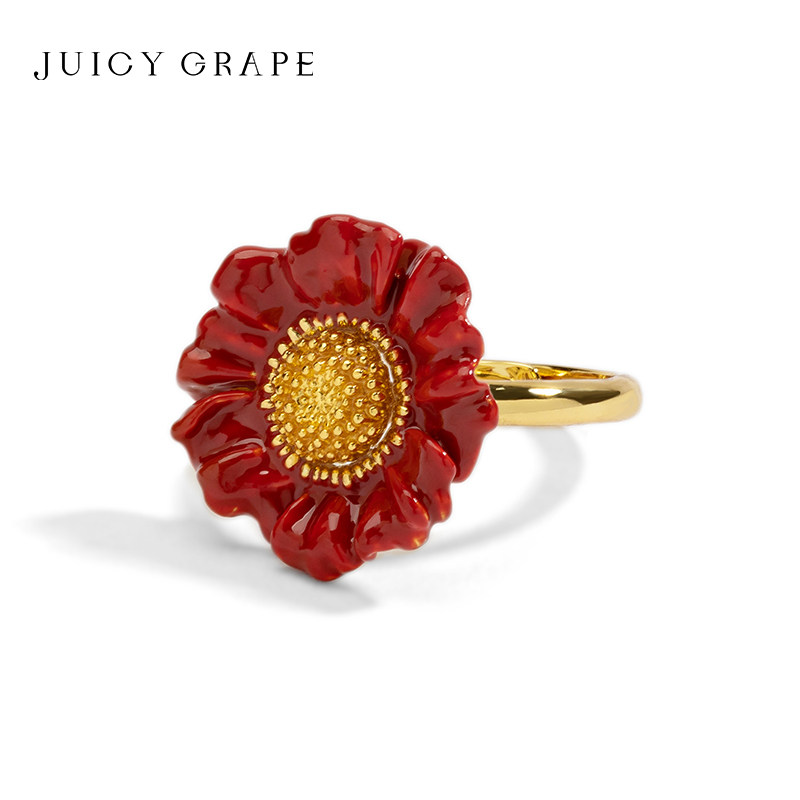 复古红色花朵珐琅开口戒指女