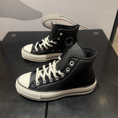 匡威秋冬女子黑色高帮皮质增高鞋