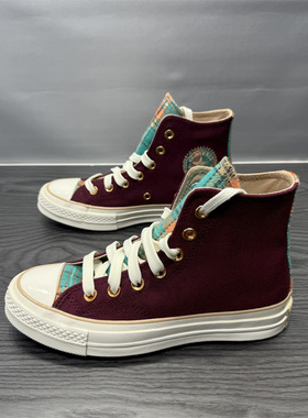 CONVERSE匡威1970S酒红色毛呢格子拼接男女高帮休闲帆布鞋A12452C