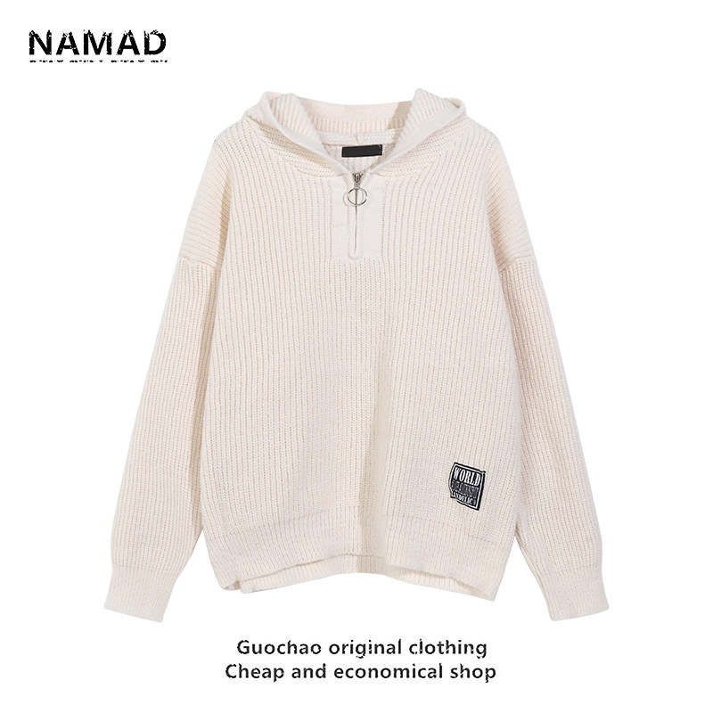 NAMAD JAPANESE FASHION BRAND PULLOVER HOODED KNITWEAR MENS AND WOMENS BF STYLE AMERICAN CASUAL HALF-ZIP SWEATER SOLID COLOR INS