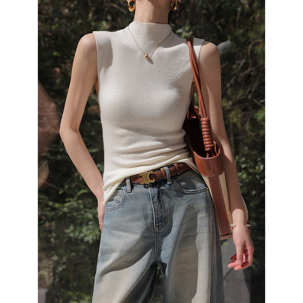 【蜜蜂欢乐社】JWUNIQUE米白色半高领无袖羊毛背心女新款修身上衣