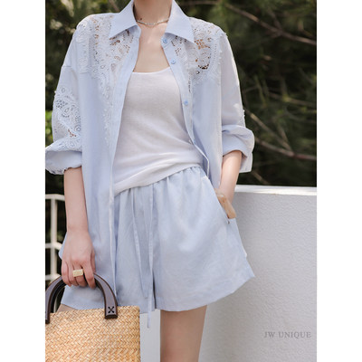 长袖镂空拼接衬衫阔腿短裤两件套