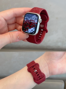 适用苹果手表10玫瑰花纹蝴蝶扣硅胶表带applewatch9舒适iwatch678