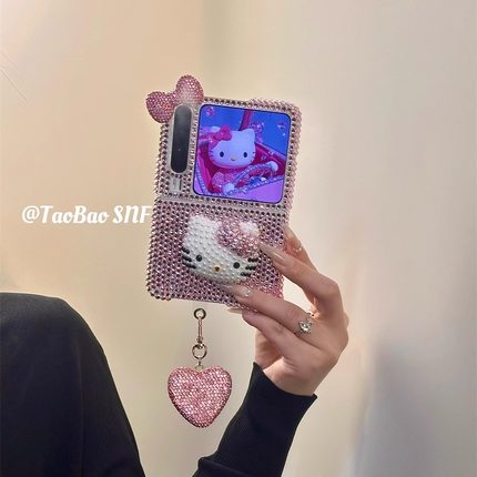 ins可爱kt猫满钻适用Pura X华为Pocket2手机壳小米MIXFlip2折叠FindN3Flip三星Zflip7/6/5挂件nova荣耀VFlip2
