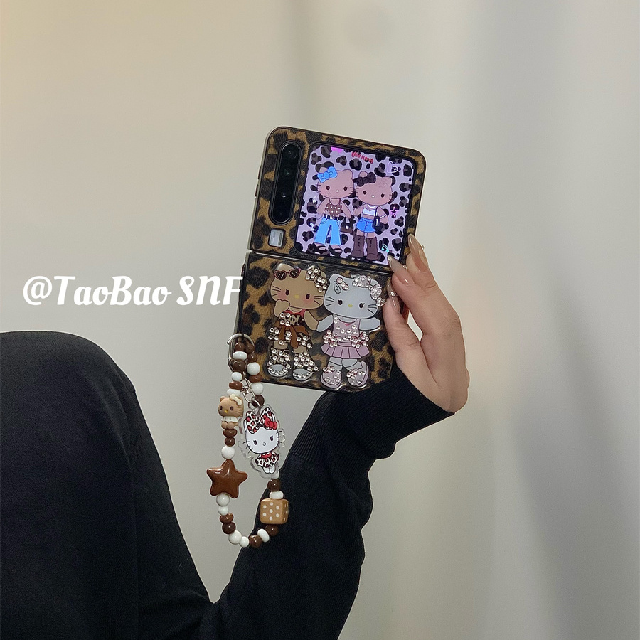 ins皮质豹纹kt猫支架适用Pura X华为Pocket2手机壳小米MIXFlip2折叠FindN3Flip三星Zflip7/6/5nova荣耀VFlip2