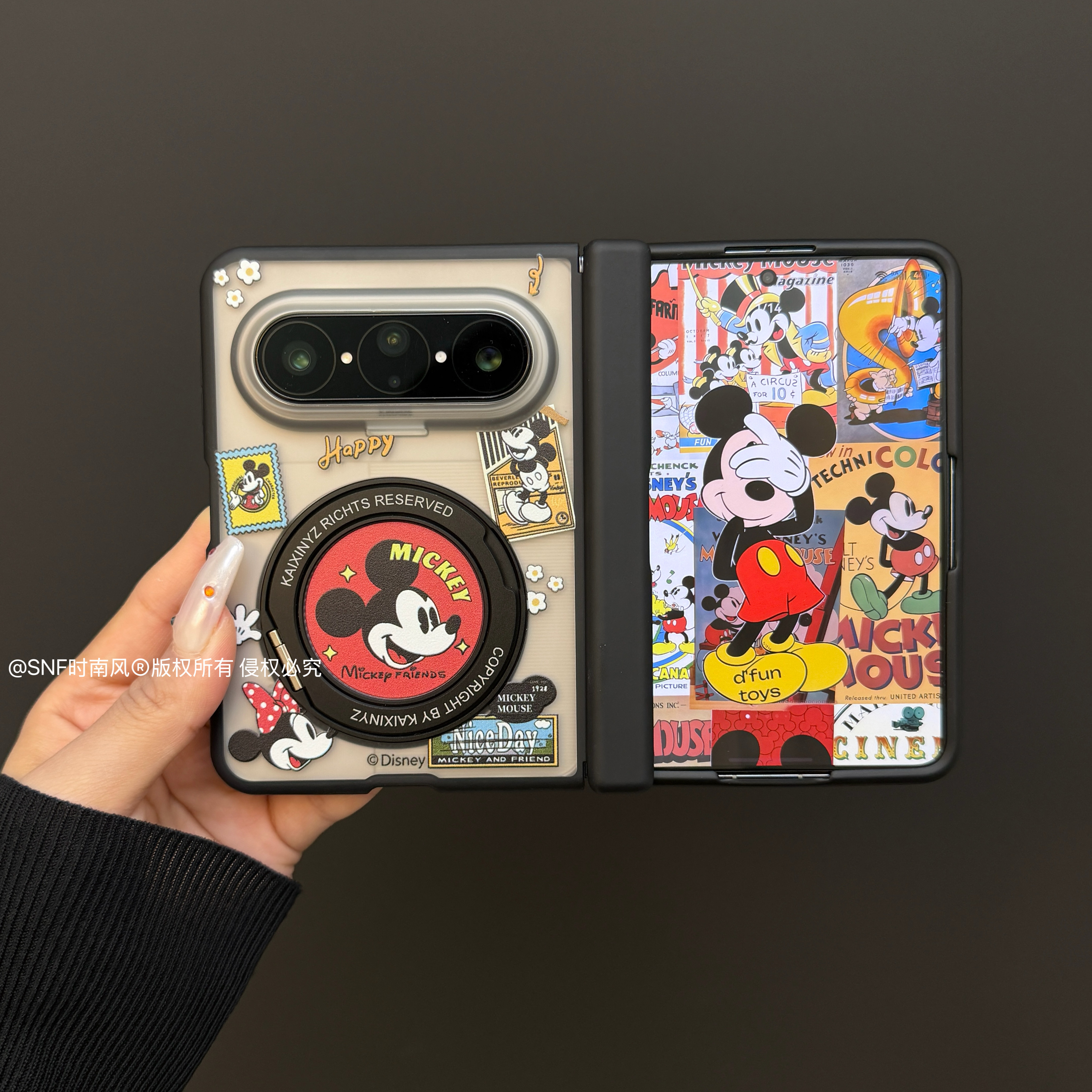 ins可爱海报米奇旋转支架适用华为puraxmax手机壳iPhone Duo阔折叠屏PuraXMax典藏版中轴前框保护壳肤感女款图片