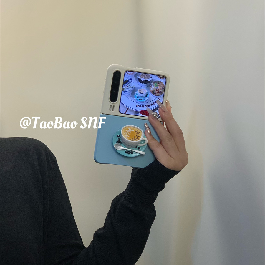奶白拼浅蓝咖啡支架适用Pura X华为Pocket 2手机壳小米MIXFlip2折叠FindN3Flip三星Zflip7/6/5nova荣耀VFlip2
