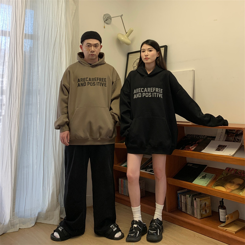 秋冬欧美字母印花oversize嘻哈宽松连帽套头大码卫衣情侣装男女