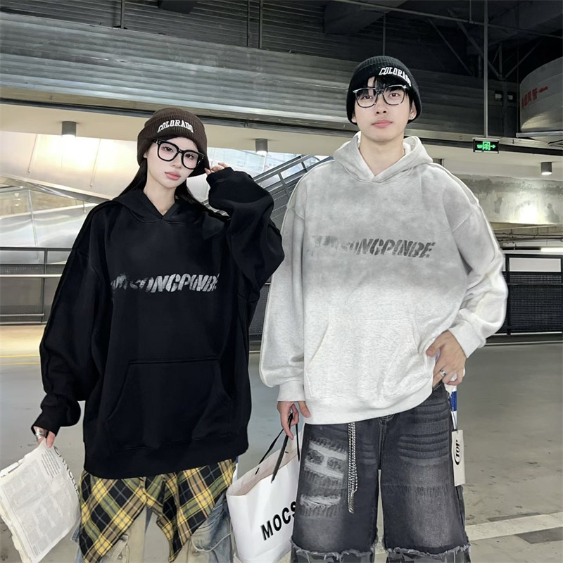 欧美hiphop嘻哈字母宽松连帽加绒大码撞色扎染高克重卫衣情侣男女