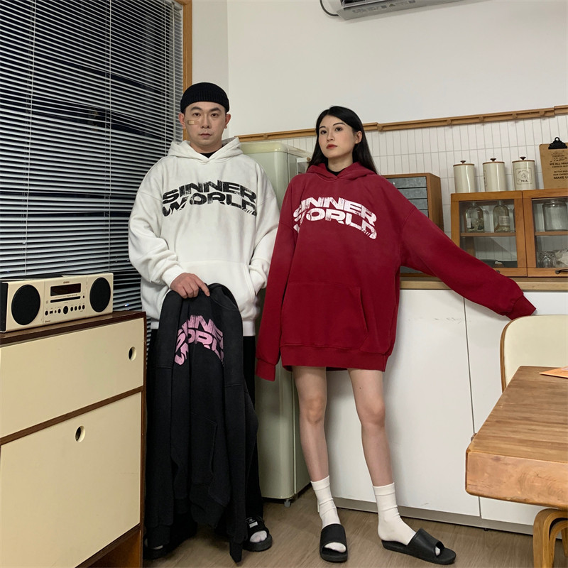 欧美hiphop嘻哈字母印花宽松连帽加绒大码水洗做旧卫衣情侣男女BF