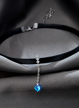 蓝色爱心流苏f项链女锁骨链仙气2020年新款短款颈带森系简约气质