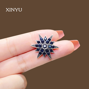 复古墨蓝色气质六芒星小胸针男女精致百搭防走光领口别针西装配饰