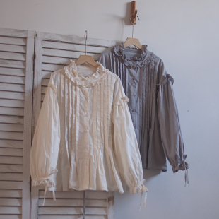 女亚麻气质衬衣 宫廷风木耳花边小立领百褶单排扣衬衫 2025新款 法式