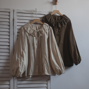 口上衣小衫 松紧袖 女系带娃娃领衬衣 宽松版 森系文艺风琴褶纯色衬衫