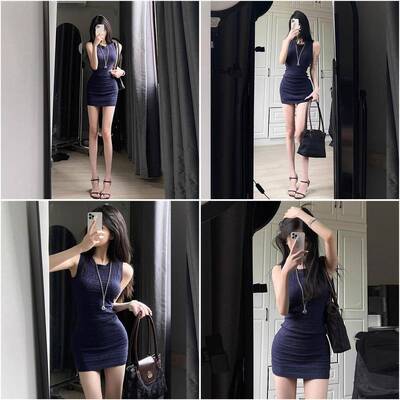 性感御姐纯欲辣妹背心包臀裙女夏藏青色修身凸显身材针织连衣短裙