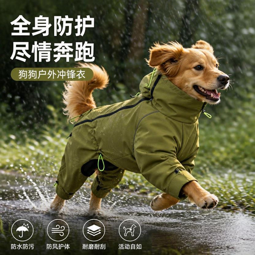 狗狗四脚冲锋衣中大型犬金毛边牧户外防水雨衣防风防脏宠物衣服