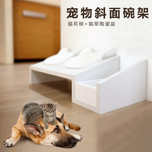 宠物猫餐桌木制碗架猫耳陶瓷碗套装猫咪用品猫碗双碗猫盆食盆水盆