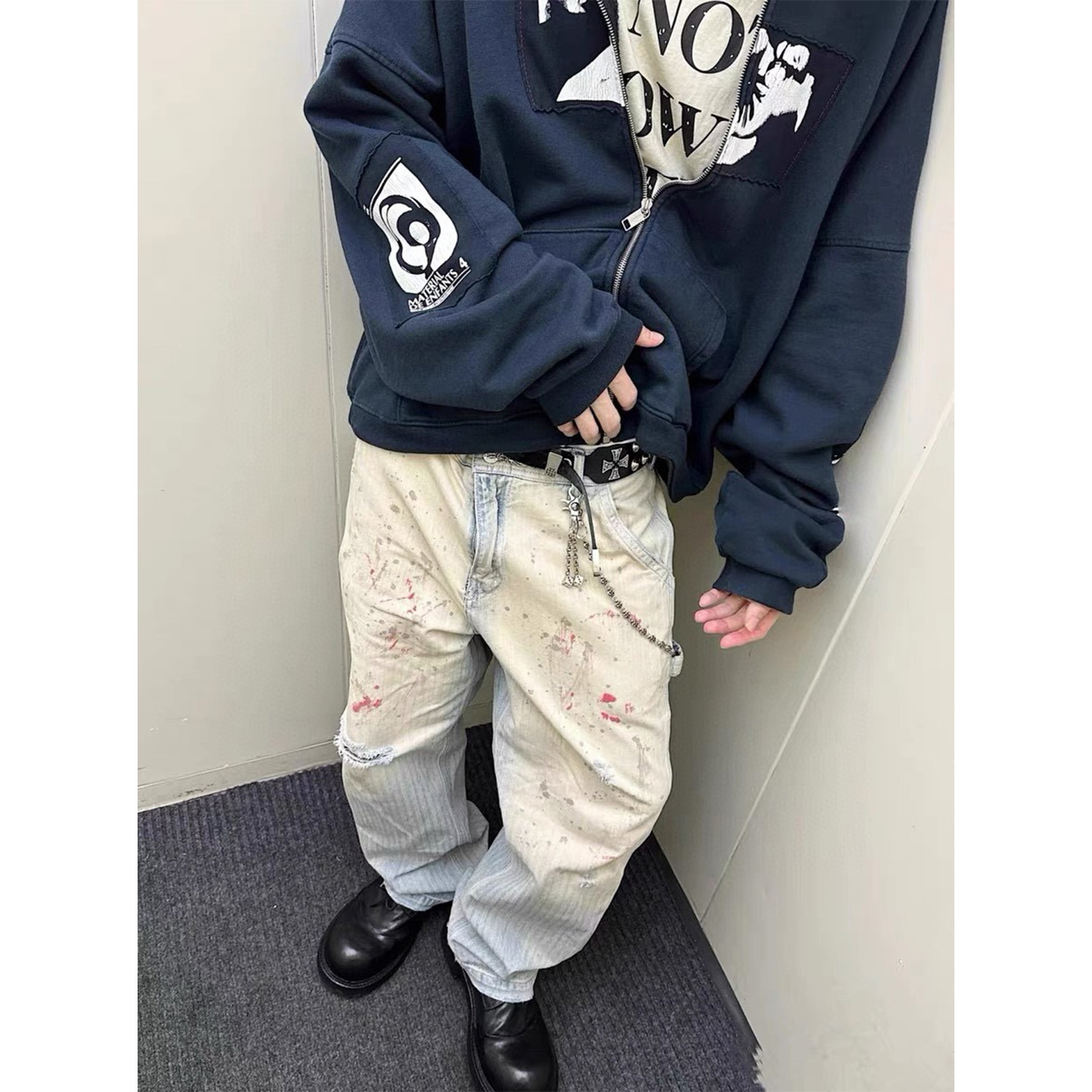 ERD血染血渍牛仔裤伐木裤破坏刀割牛仔裤潮牌做旧脏染长裤