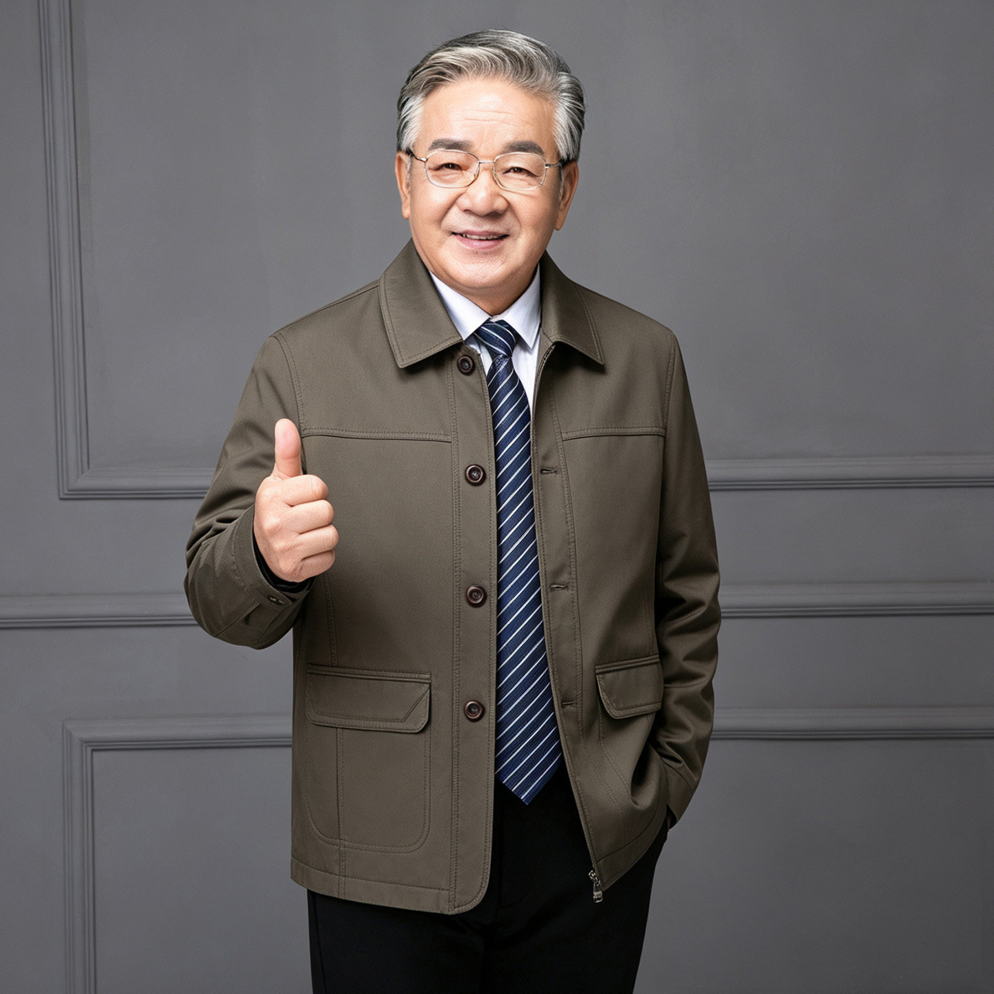 春秋中老年男士纯棉明扣夹克