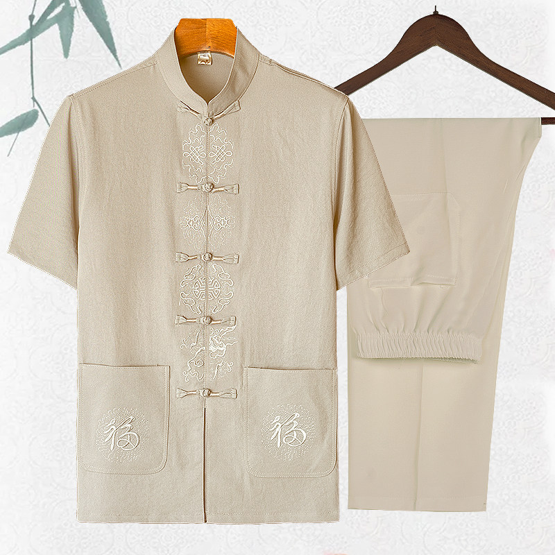 夏装薄款半袖衬衣爷爷中式衣服夏季中老年唐装男短袖冰丝套装爸爸