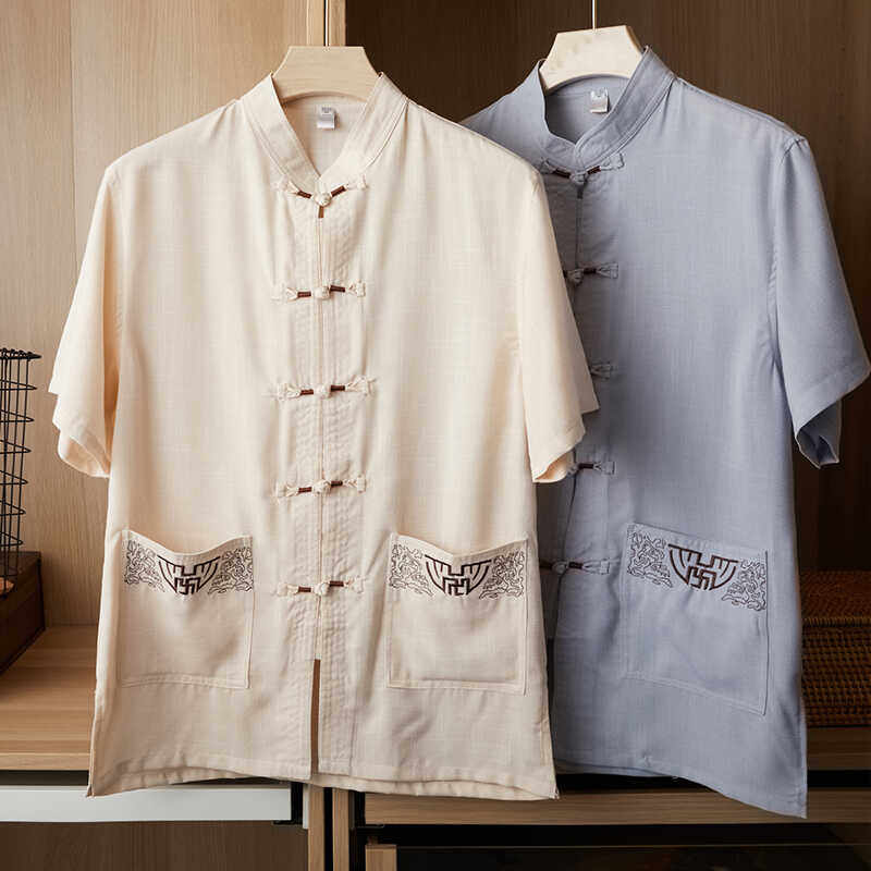 冰丝短袖中老年爷爷夏季居士服