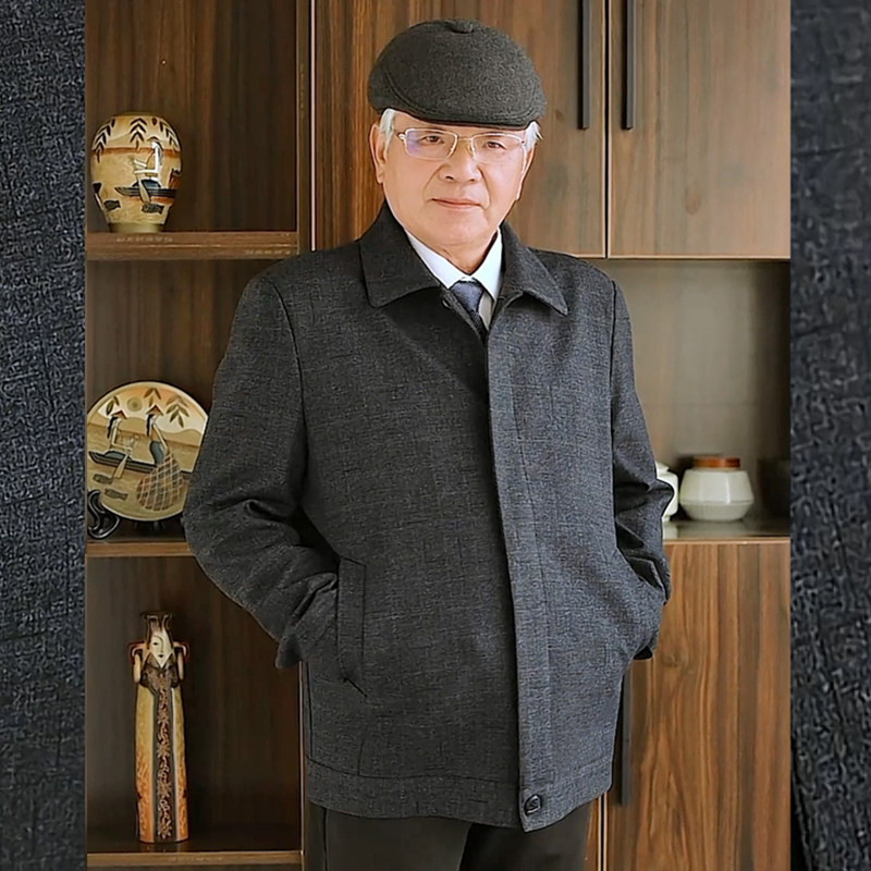 春秋新款呢料爸爸装外套夹克男士中老年人休闲上衣春季爷爷装春装