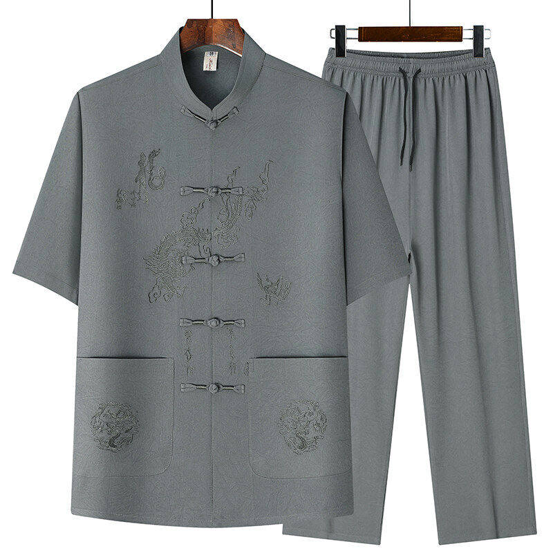 中国风汉服立领短袖爷爷衣服新中式中老年男士唐装爸爸夏季龙套装