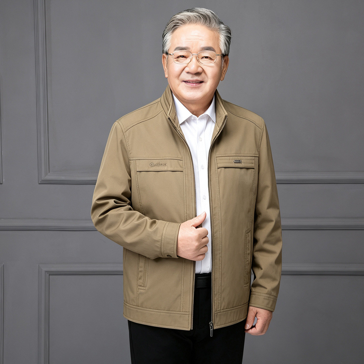 中老年男式立领夹克纯棉洗水春秋宽松外套老头夹克衫爸爸拉链外套