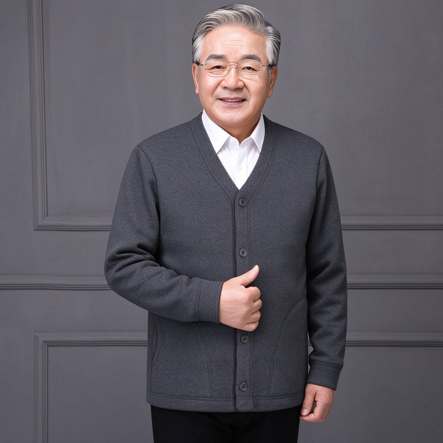 秋冬中老年男V领加绒保暖棉衣
