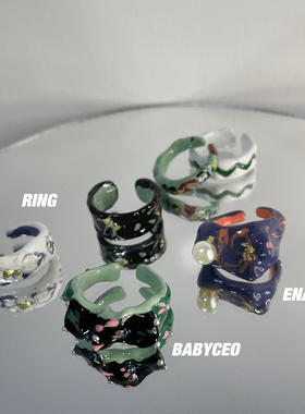 复古ins彩色滴油珐琅戒指女小众设计感不规则开口戒金箔珍珠指环