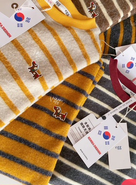 韩【Egg秋冬小暖炉】加厚加密绒感撞色条纹长袖女宽松打底