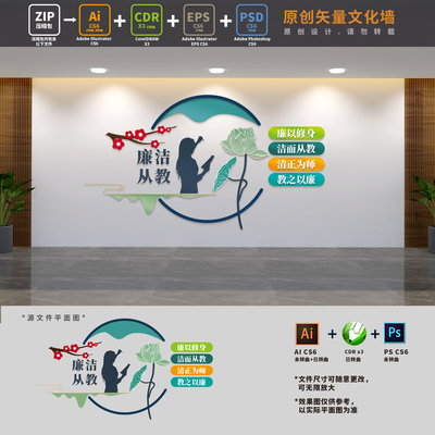 廉洁文化进校园学校廉政建设文化墙廉洁从教背景墙AI+CDR+PSD素材