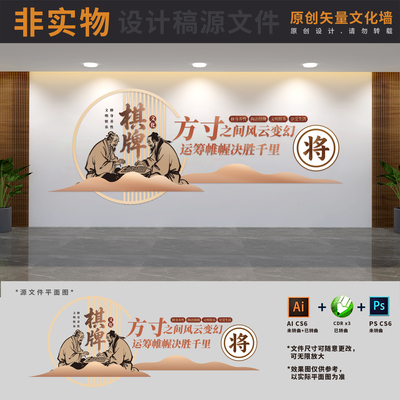 社区小区棋牌棋艺室文化墙老年人麻将馆娱乐活动室AI+CDR+PSD素材