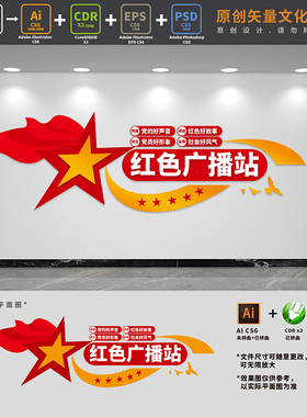 红色广播站文化墙党建直播间红色之声背景形象墙AI+CDR+PSD设计稿