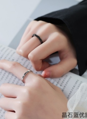 黑色银色戒指女素圈极简