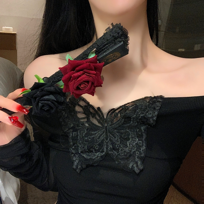 蕾丝玫瑰花扇子古风折扇汉服道具旗袍新中式漫展cos配饰lolita
