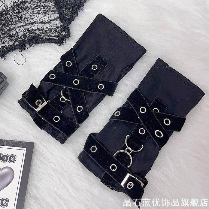 千禧亚文化露指手套针织弹力多层交叉绑带暗黑风拍照手套