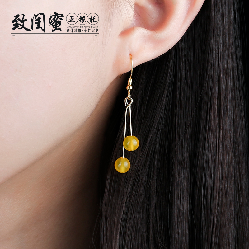 纯银镶嵌蜜蜡琥珀耳环