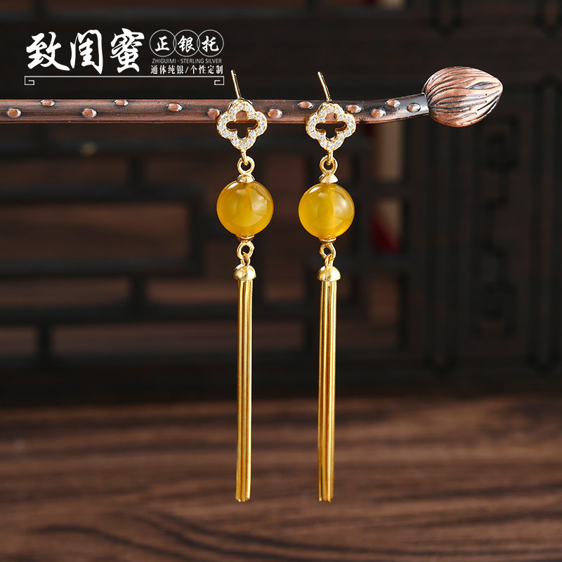 网红气质流苏耳环托 925纯银四叶草耳坠空托 diy镶嵌蜜蜡珍珠银托